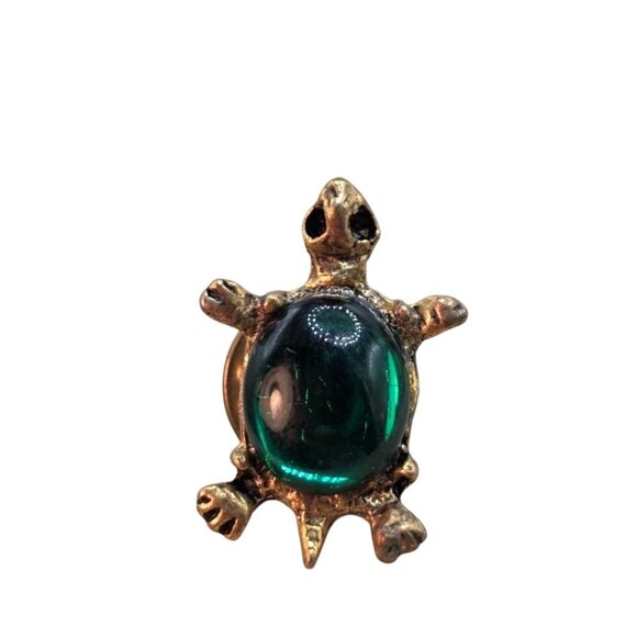 Vintage Gold Tone Green Glass Turtle Pin - Picture 1 of 3